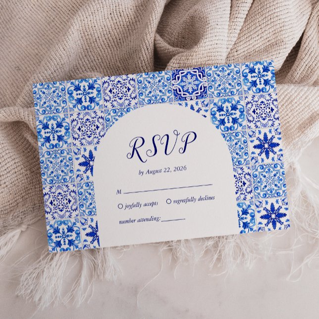 Portuguese Blue White Tiles Arch Wedding RSVP Card (Creator Uploaded)