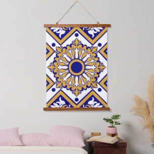 Portuguese Blue Yellow Mediterranean Floral Hanging Tapestry