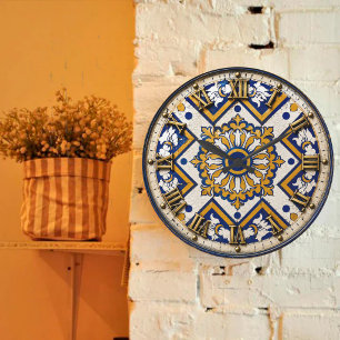 Portuguese Blue Yellow Mediterranean Floral Large Clock