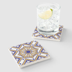 Portuguese Blue Yellow Mediterranean Floral Stone Coaster