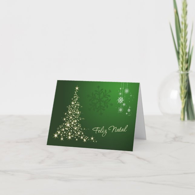 Portuguese Christmas, green & gold sparkling tree Holiday Card (Front)