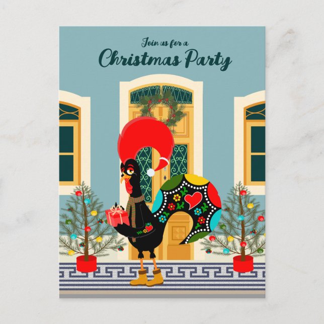 Portuguese Christmas House Party with Rooster  Invitation Postcard (Front)