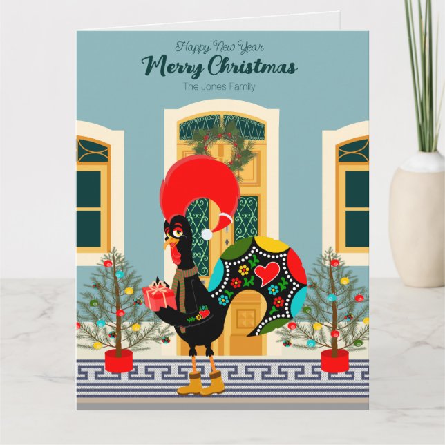 Portuguese Christmas house with Rooster Greetings Card (Front)