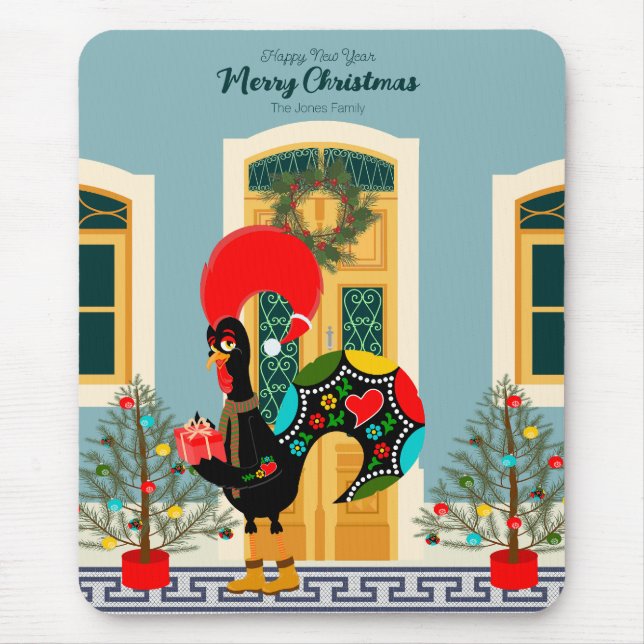 Portuguese Christmas house with Rooster Greetings Mouse Mat (Front)