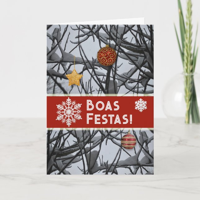 Portuguese Christmas Ornaments on Snowy Branches Holiday Card (Front)