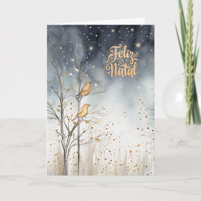 Portuguese Christmas Winter Forest Wild Birds Navy Holiday Card (Front)