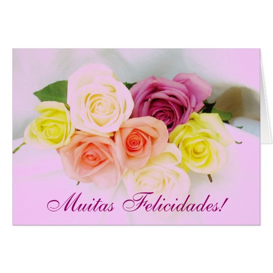 Portuguese: Felicidades! roses and Lilac colours Card