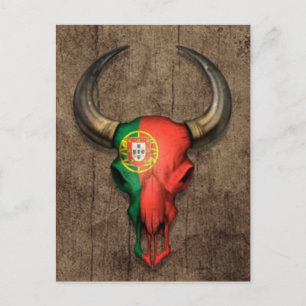 Portuguese Flag Bull Skull on Wood Effect Postcard