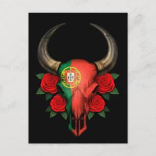 Portuguese Flag Bull Skull with Red Roses Postcard