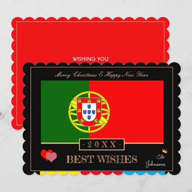 Portuguese Flag & Happy New Year/Best Wishes Holiday Card (Front/Back)