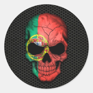 Portuguese Flag Skull on Steel Mesh Graphic Classic Round Sticker