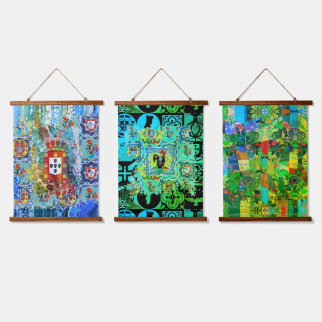 Portuguese folk art Wood Topped Wall Tapestry (Triple)