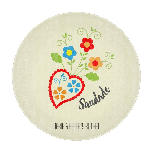 Portuguese folk heart with saudade word cutting board (Front)