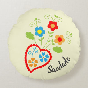 Portuguese folk heart with saudade word round cushion