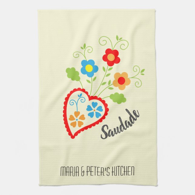 Portuguese folk heart with saudade word tea towel (Vertical)