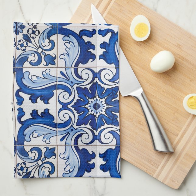 Portuguese Glazed Tiles Azulejo Style Tea Towel (Quarter Fold)