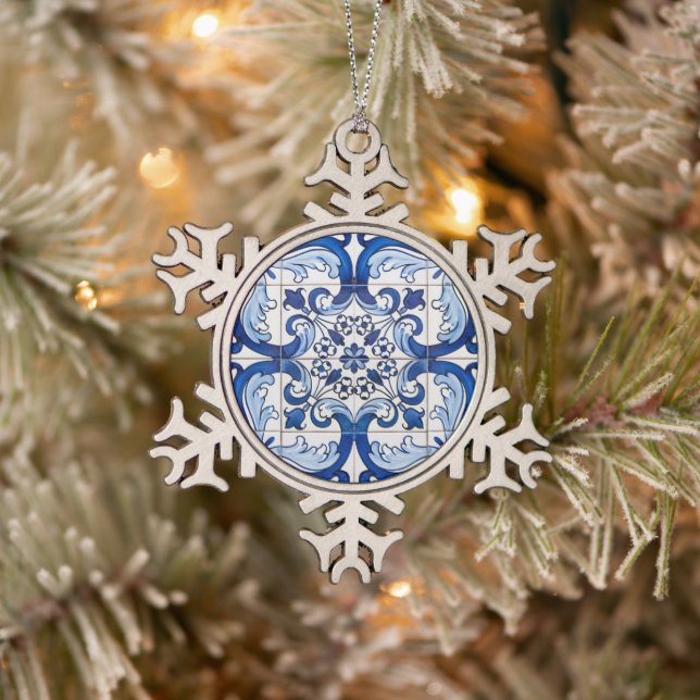 Portuguese Glazed Tiles Snowflake Pewter Christmas Ornament (Tree)