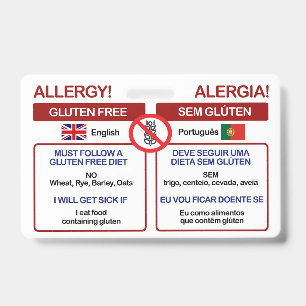 PORTUGUESE Gluten Free Travel Card Allergy Badge ID Badge