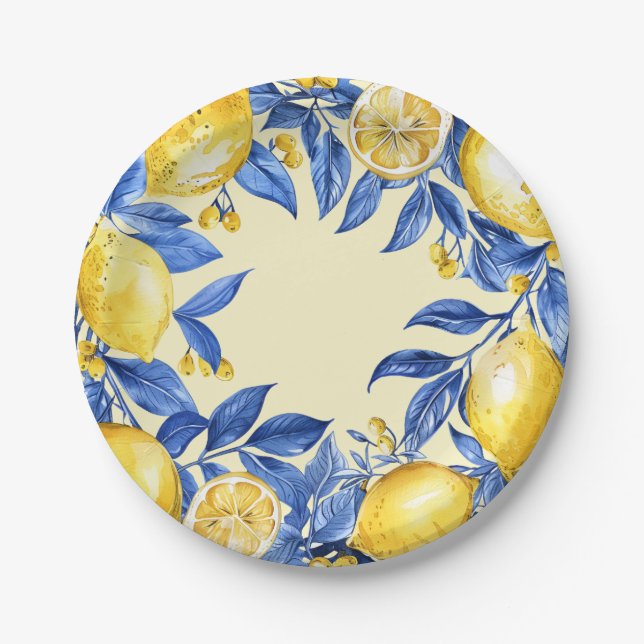 Portuguese Lemons on Blue Paper Plate (Front)