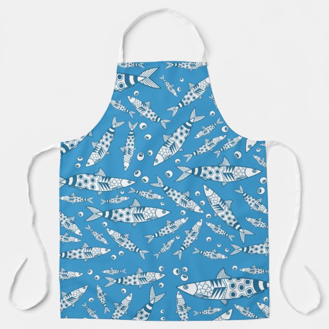 Portuguese Lisbon Sardines Pattern Azulejos Blue Apron (Front)