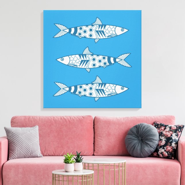Portuguese Lisbon Sardines Pattern Azulejos Blue Canvas Print (Insitu(LivingRoom))
