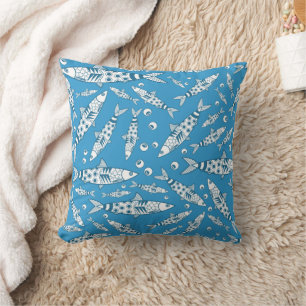 Portuguese Lisbon Sardines Pattern Azulejos Blue Cushion