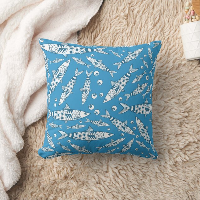 Portuguese Lisbon Sardines Pattern Azulejos Blue Cushion (Blanket)