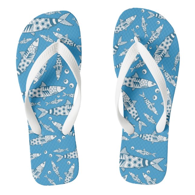 Portuguese Lisbon Sardines Pattern Azulejos Blue Flip Flops (Footbed)