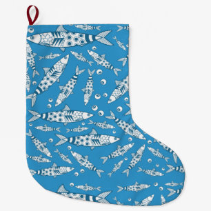 Portuguese Lisbon Sardines Pattern Azulejos Blue Large Christmas Stocking