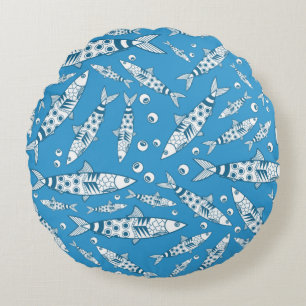Portuguese Lisbon Sardines Pattern Azulejos Blue Round Cushion