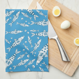 Portuguese Lisbon Sardines Pattern Azulejos Blue Tea Towel
