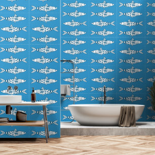 Portuguese Lisbon Sardines Pattern Azulejos Blue Wallpaper
