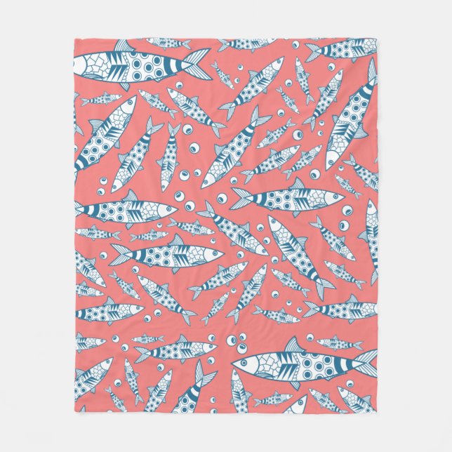 Portuguese Lisbon Sardines Pattern Azulejos Pink Fleece Blanket (Front)