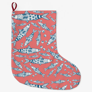 Portuguese Lisbon Sardines Pattern Azulejos Pink Large Christmas Stocking