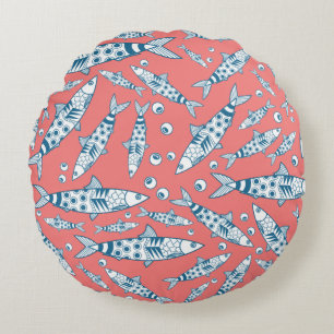 Portuguese Lisbon Sardines Pattern Azulejos Pink Round Cushion