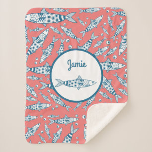Portuguese Lisbon Sardines Pattern Azulejos Pink Sherpa Blanket
