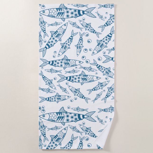 Portuguese Lisbon Sardines Pattern Azulejos White Beach Towel (Front)