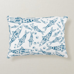Portuguese Lisbon Sardines Pattern Azulejos White Decorative Cushion