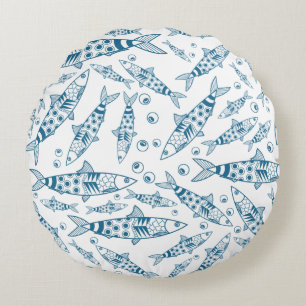 Portuguese Lisbon Sardines Pattern Azulejos White Round Cushion