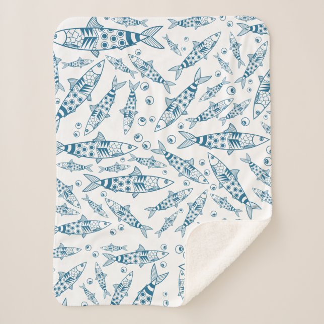 Portuguese Lisbon Sardines Pattern Azulejos White Sherpa Blanket (Front)