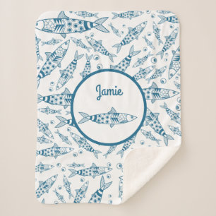 Portuguese Lisbon Sardines Pattern Azulejos White  Sherpa Blanket