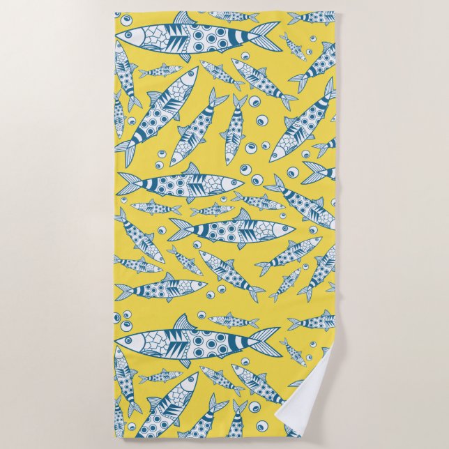 Portuguese Lisbon Sardines Pattern Azulejos Yellow Beach Towel (Front)