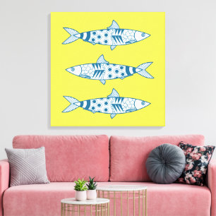 Portuguese Lisbon Sardines Pattern Azulejos Yellow Canvas Print