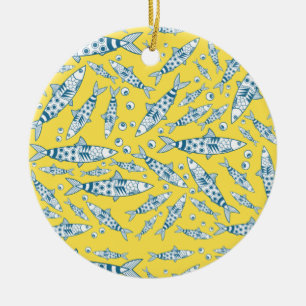 Portuguese Lisbon Sardines Pattern Azulejos Yellow Ceramic Tree Decoration