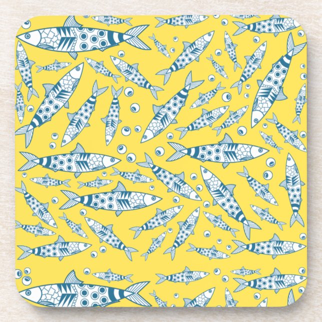 Portuguese Lisbon Sardines Pattern Azulejos Yellow Coaster (Front)