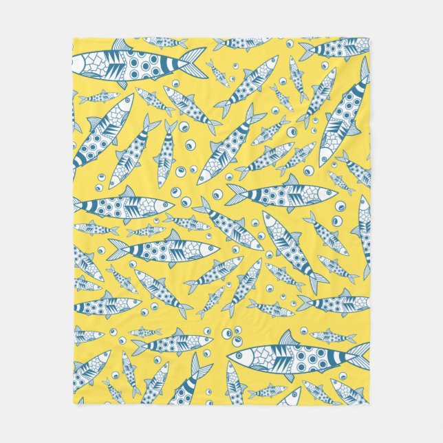Portuguese Lisbon Sardines Pattern Azulejos Yellow Fleece Blanket (Front)