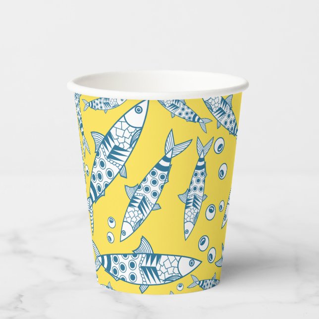 Portuguese Lisbon Sardines Pattern Azulejos Yellow Paper Cups (Front)