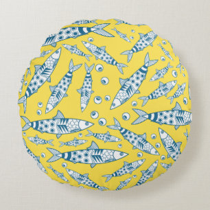 Portuguese Lisbon Sardines Pattern Azulejos Yellow Round Cushion