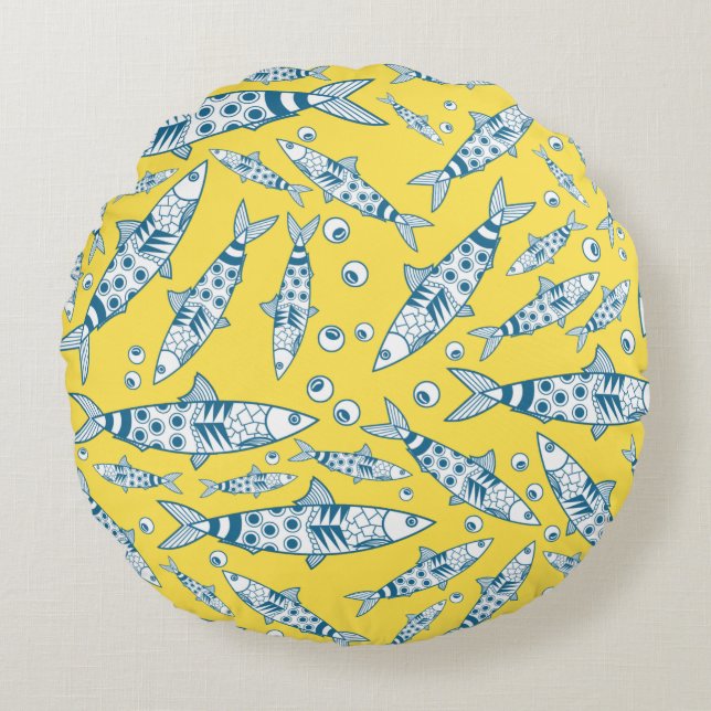 Portuguese Lisbon Sardines Pattern Azulejos Yellow Round Cushion (Front)
