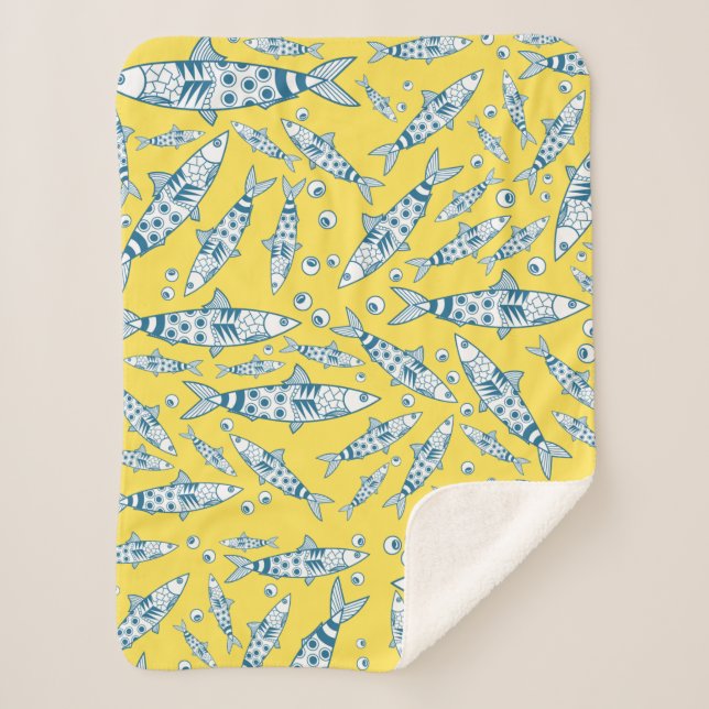 Portuguese Lisbon Sardines Pattern Azulejos Yellow Sherpa Blanket (Front)